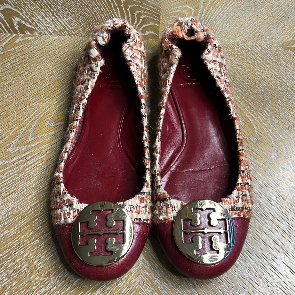 TORY BURCH Burgundy Tweed Flats 7.5 - Picture 2 of 10